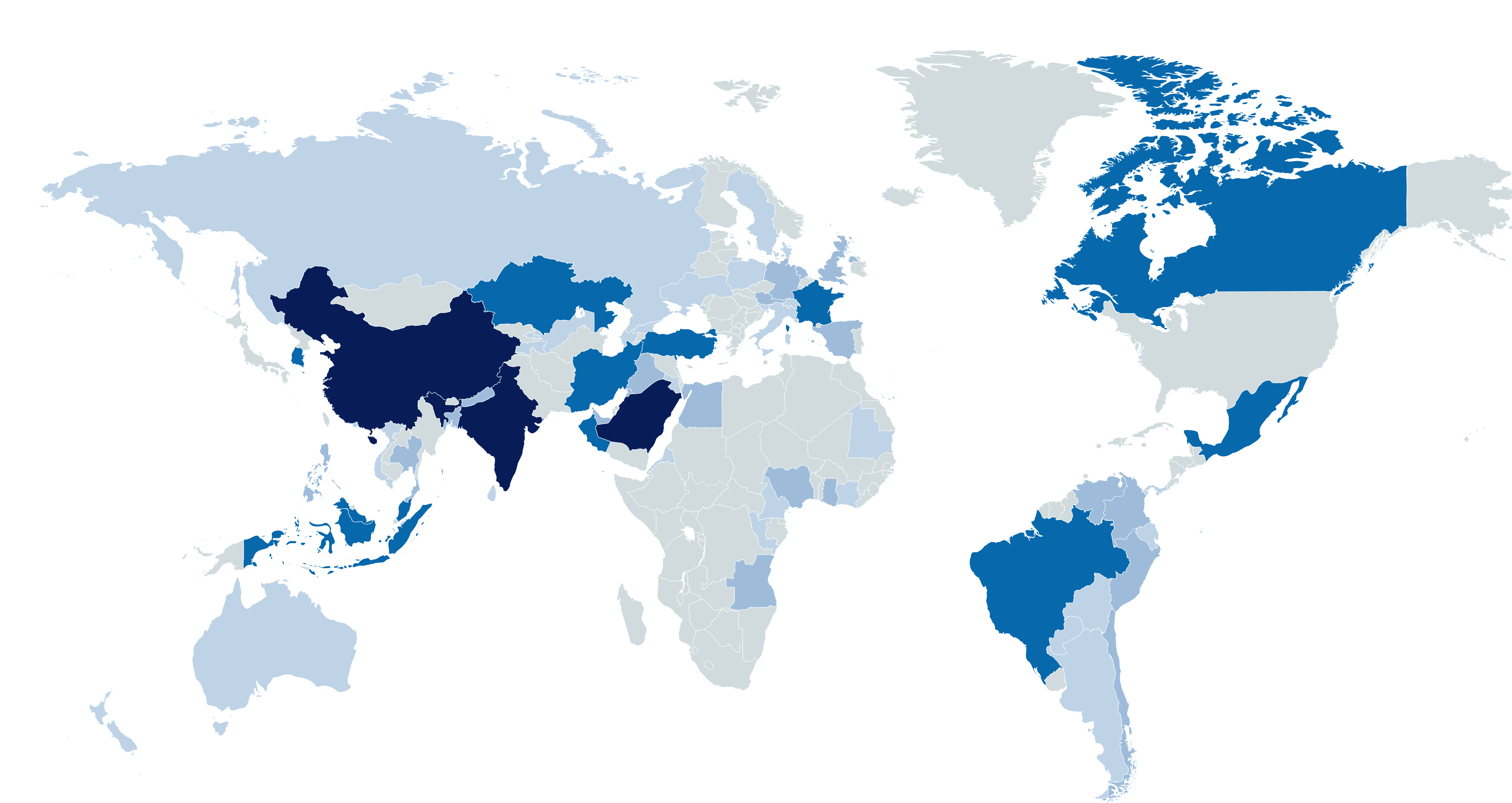 留学生国家分布图:大部分来自中国, India, and Saudi Arabia